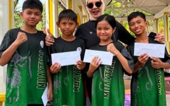 Empat atlet cilik Yang Akan Berlaga Pada ajang IMC 2026 atau Kejuaraan Nasional Muaythai di Bekasi, Jawa Barat, pada 4–9 Agustus 2026, Mendapatkan Dukungan Dari Rita Widyasari. (Dok. Pembina sekaligus Pelatih Arkan Sport Management, Rony Abdurrahman)