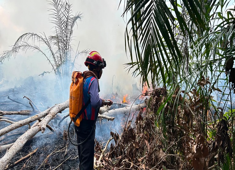 Tim Damkar Kukar melakukan pemadaman kebakaran lahan di dekat permukiman warga di Muara Badak. (Dok. Disdamkarmatan) Kukar)