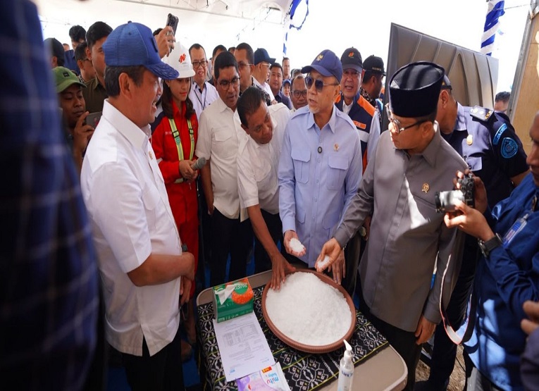 Menteri Kelautan dan Perikanan Sakti Wahyu Trenggono saat mengunjungi K-SIGN bersama Menteri koordinasi Bidang Pangan Zulkifli Hasan. (Dok: kkp.go.id)