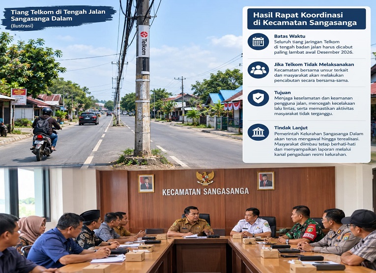 Ilustrasi Tiang Telkom di Tengah Jalan Sangasanga Dalam (Dok. Istimewa)